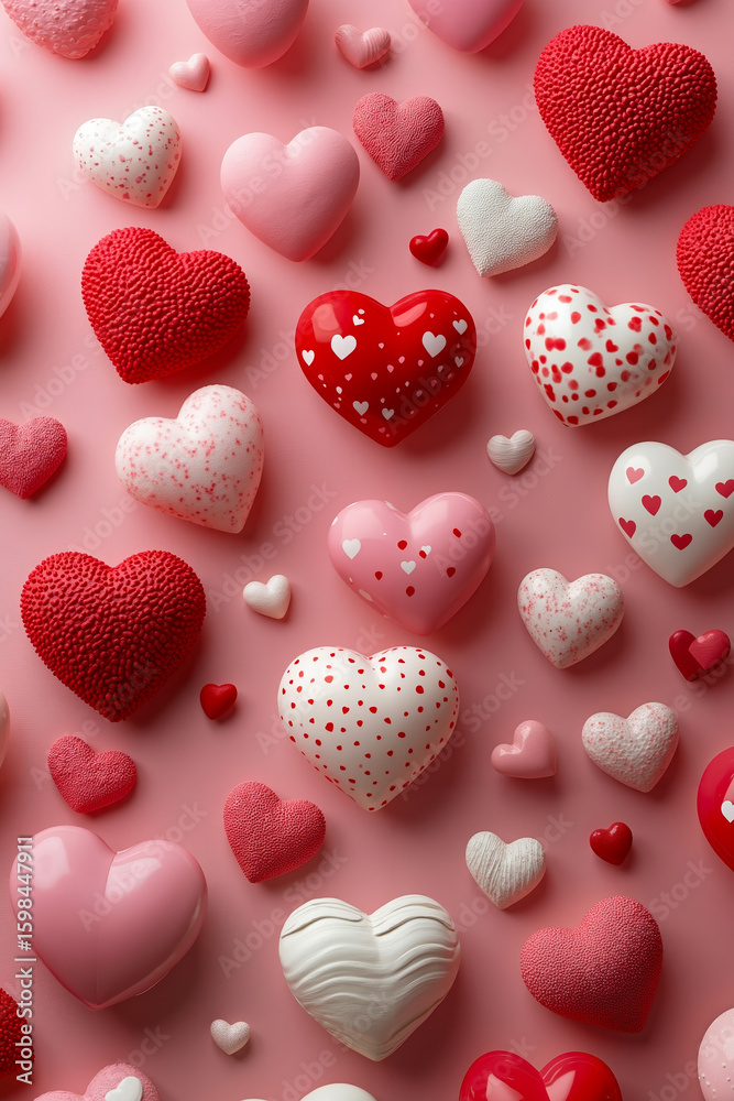 A bunch of red and white hearts on a pink background A bunch of red and white hearts on a pink background