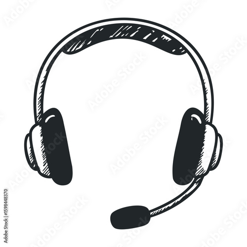 Black and white headset sketch with microphone for music and communication. Vector illustration