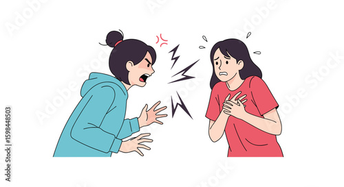 Two young women arguing intensely with angry emotions and stressful energy depicted between them