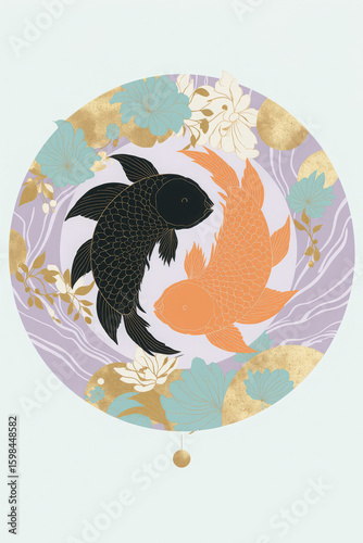 Generative AI Yin Yang Koi Fish Illustration Koi fish Yin yang Floral Flowers Circle Orange Black Gold Water Scales Graphic Graphic design Japanese Asian Balance - Perfect For Your Project