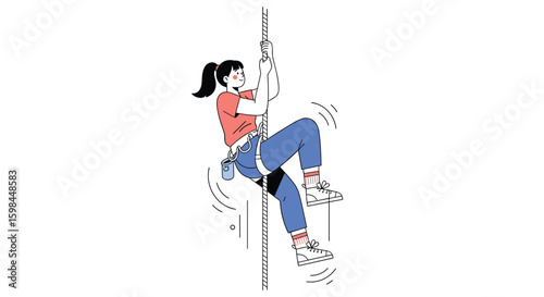 Young woman skillfully ascending a challenging vertical rock face using specialized climbing equipment and techniques for outdoor adventure recreation