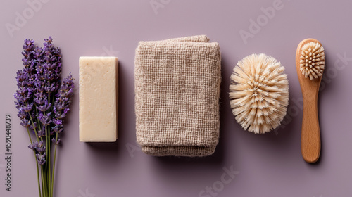 Minimalist stock photo of lavender, soap, hairbrush, and towel on purple background.