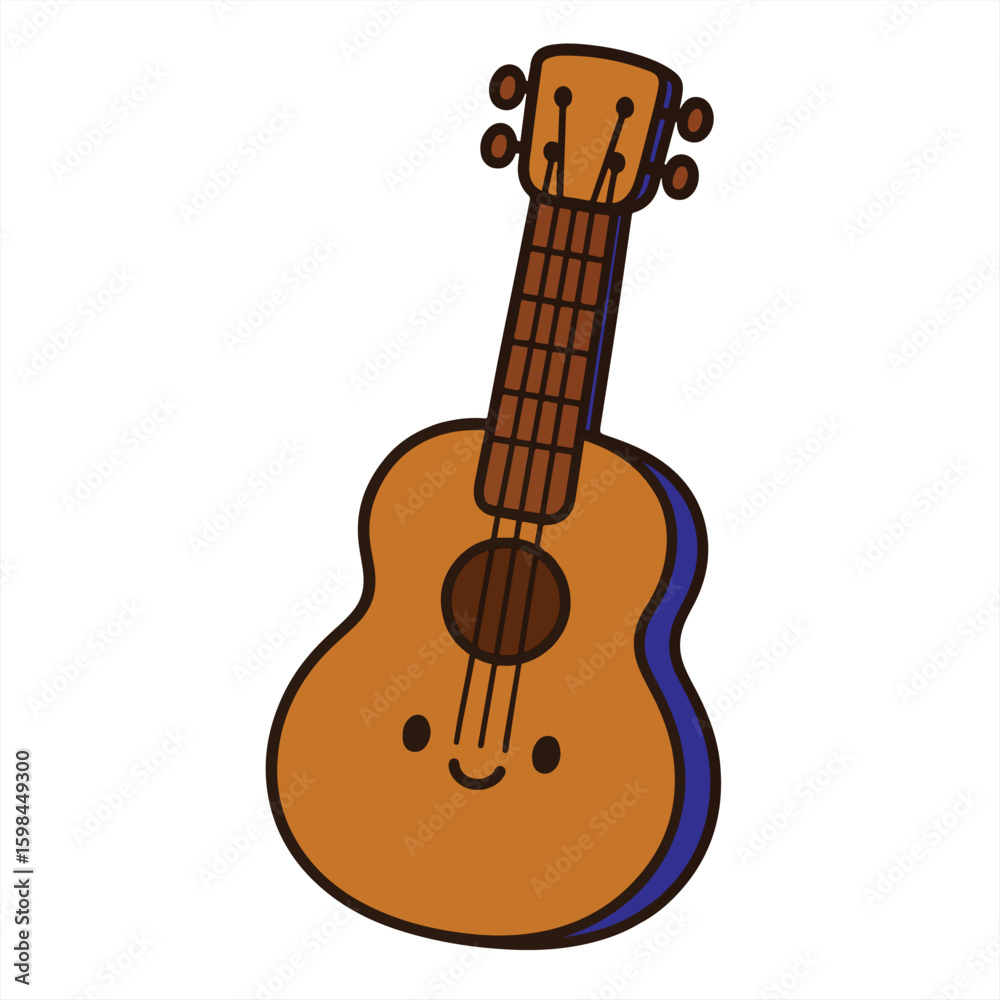 Fototapeta premium cute guitar cartoon character with smiley face, fun musical instrument illustration, simple ukulele style design for kids, playful vector clipart for music posters, stickers and educational materials
