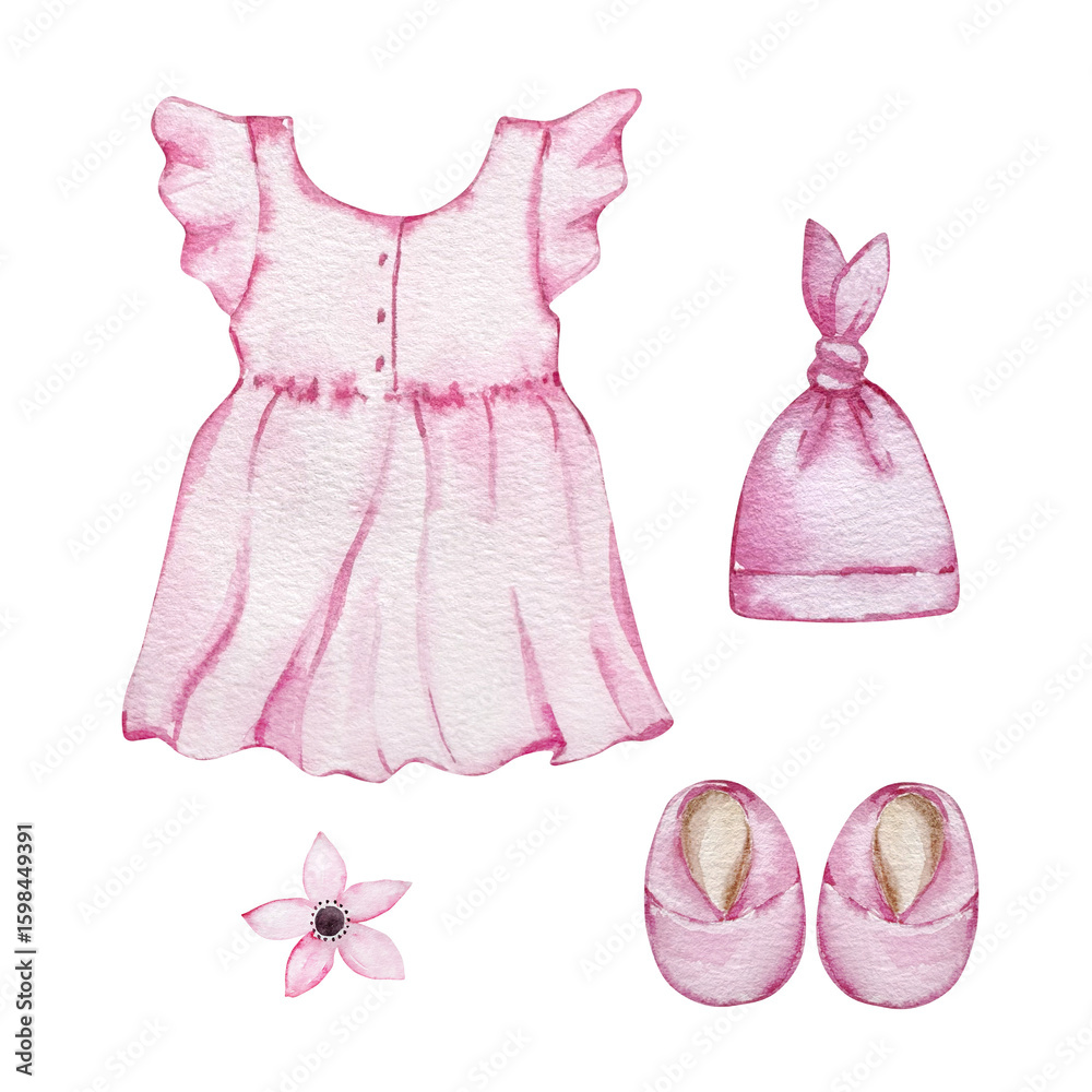 Set of Watercolor images of baby clothes, in beige pastel colors, essentials for baby shower or birthday party decoration Set of Watercolor images of baby clothes, in beige pastel colors, essentials for baby shower or birthday party decoration