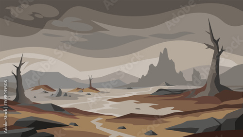 A depiction of a desolate barren wasteland painted with muted shades of browns and grays portraying a sense of emptiness and despair.. Vector illustration