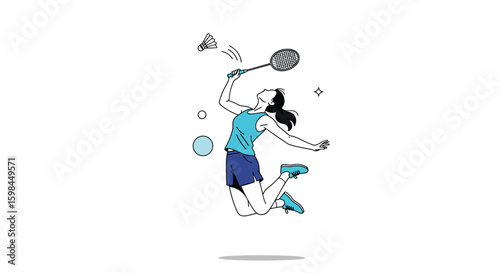 Dynamic illustration of a female badminton player executing a powerful overhead smash with intense focus and athleticism
