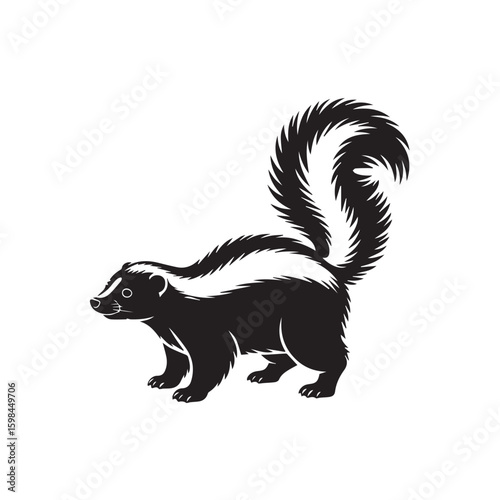 Black and white illustration of a skunk with a bushy tail