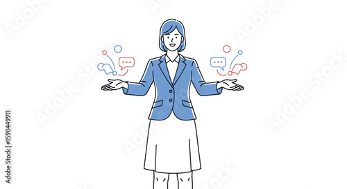 Businesswoman balancing communication and ideas with thoughtful consideration for effective dialogue and professional exchange