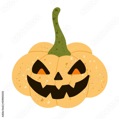 Halloween jack-o'-lantern pumpkin with spooky carved face and green stem — flat illustration of a scary Halloween pumpkin. Perfect for Halloween pumpkin clipart, trick or treat illustration, spooky 