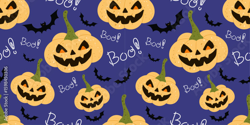 
Seamless Halloween pattern with scary jack-o'-lantern pumpkins, flying bats, and 