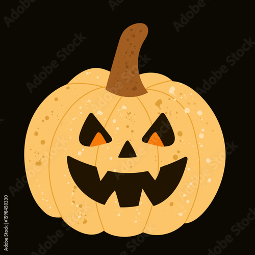 Jack-o'-lantern Halloween pumpkin vector illustration with scary face on black background — spooky carved pumpkin with triangular eyes, sharp teeth. autumn graphic for Halloween clipart, jack-o'-lante
