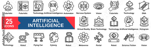 Artificial Intelligence and Machine Learning Icon Set 25 Outline Icons in Modern Style