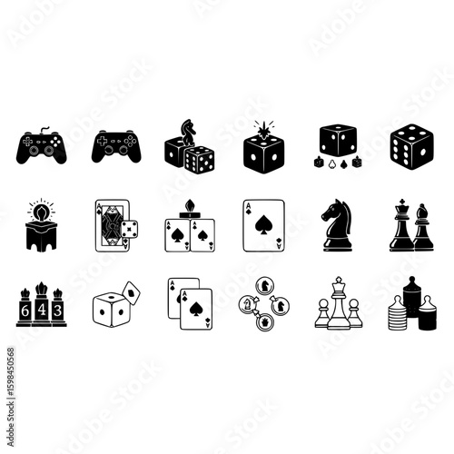 Game night icons featuring controller, dice, chess, and cards for entertainment and leisure activities