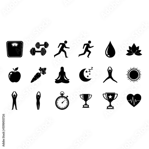 Fitness health wellness exercise diet lifestyle running yoga meditation sleep weight loss balance icons