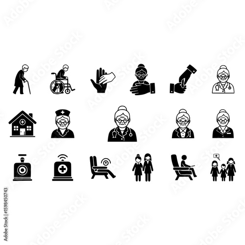 Nursing home care senior care elderly assistance doctor nurse medical support health service icons set vector