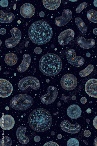 Generative AI Abstract Cellular Pattern on Dark Background Cells Texture Blue Organic Shapes Seamless Repeating Dots Microscopic Biology Science Cosmos Universe Microbiology