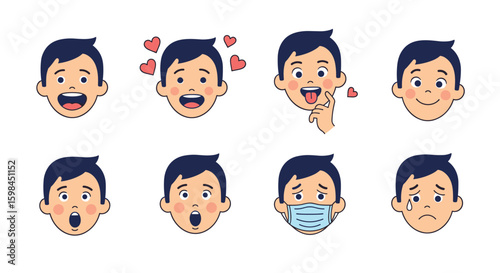 Collection of cartoon faces expressing various emotions and reactions in a bright and cheerful style