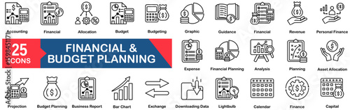 Financial And Budget Planning Icon Set 25 Outline Icons In Modern Style