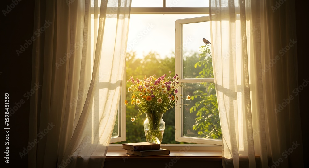 Fototapeta premium Sunlight streams through an open window with curtains and flowers
