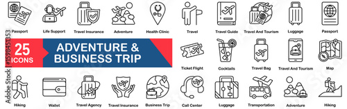 Adventure And Business Trip Icon Set 25 Outline Icons In Modern Style