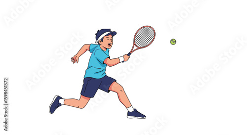 Young athletic boy playing tennis with enthusiasm and skill during a sports match on a sunny day