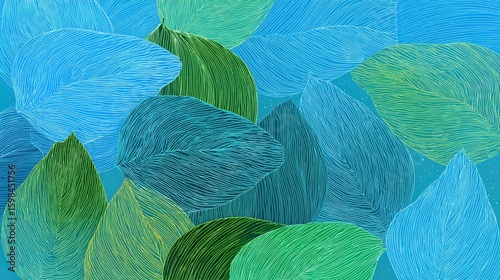 Abstract art featuring stylized leaves in shades of blue and green, with white line details, creating a natural pattern.