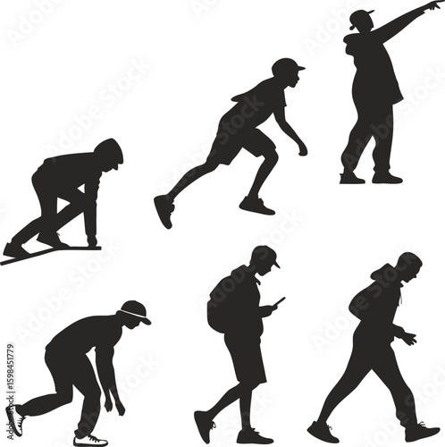 Dynamic Silhouettes of People in Motion Capturing Various Activities and Postures Against a Clean White Background