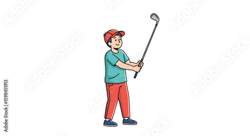 A young boy in a cap and red pants swinging a golf club with great focus and determination on a sunny day outdoors