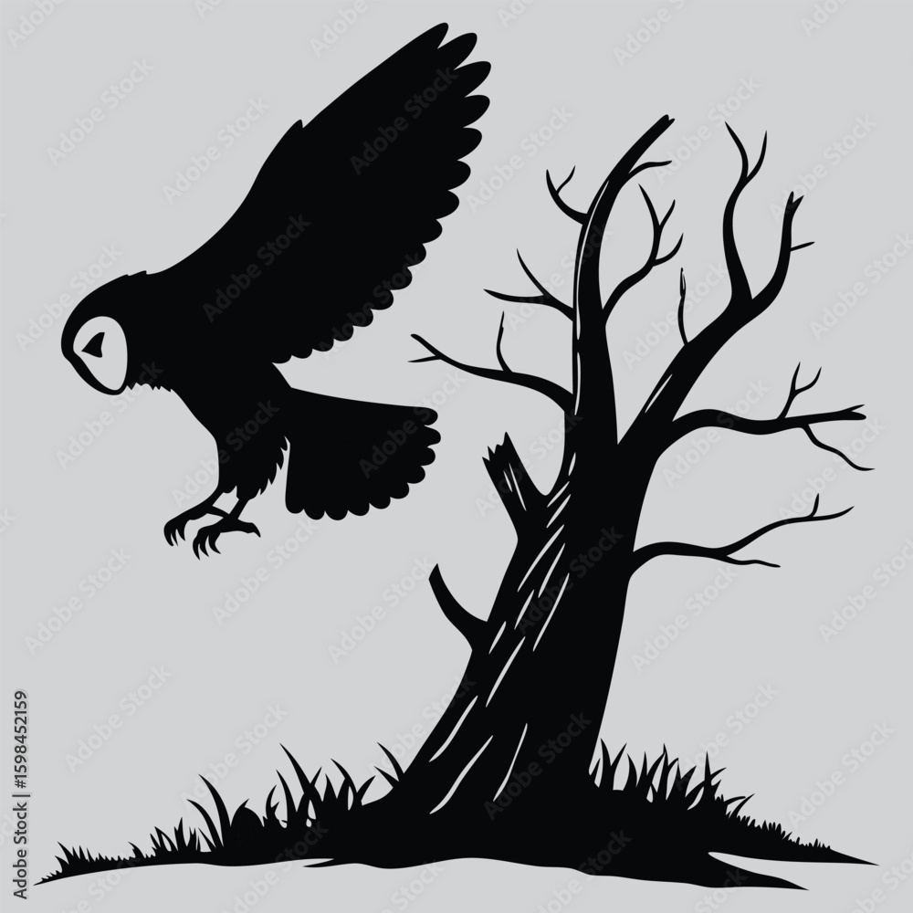 Fototapeta premium Barn owl landing on tree stump silhouette vector design art and illustration
