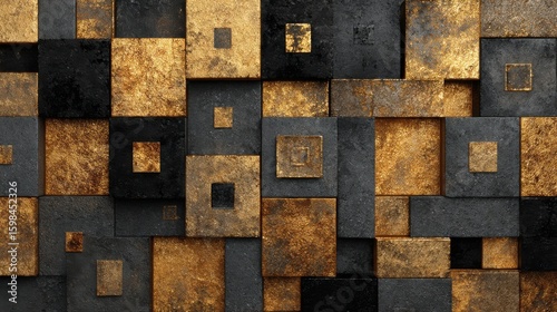 A visually striking arrangement of geometric shapes in varying sizes, blending gold and black tones. This artwork enhances the atmosphere of any modern interior, adding style and sophistication.