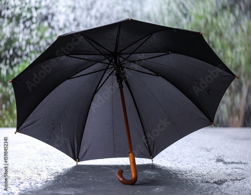 Black umbrella protecting from rain on wet ground