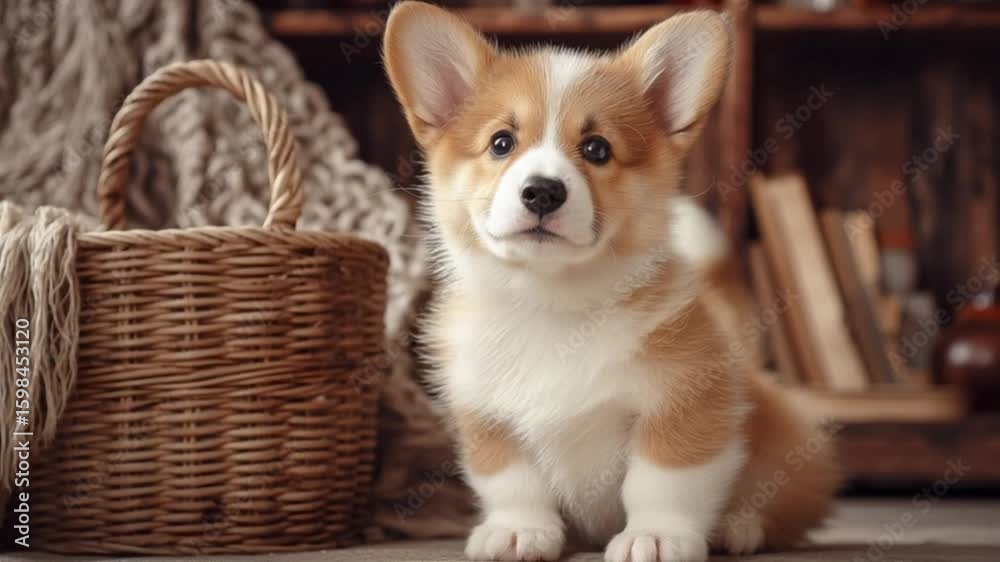 Corgi Puppy Portrait: A charming corgi puppy with a captivating gaze sits beside a rustic wicker basket, surrounded by cozy textures and warm tones, creating an inviting and heartwarming scene.
