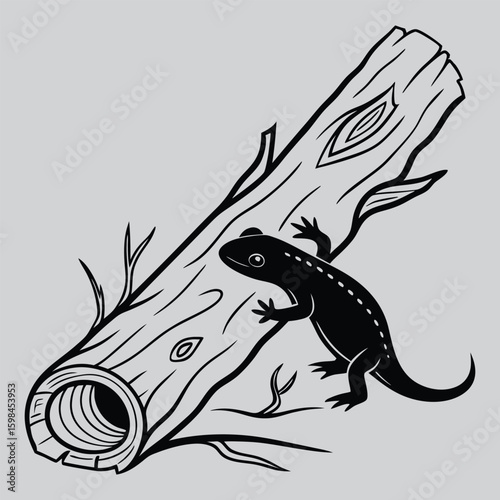 Salamander hiding under forest log silhouette vector design art and illustration