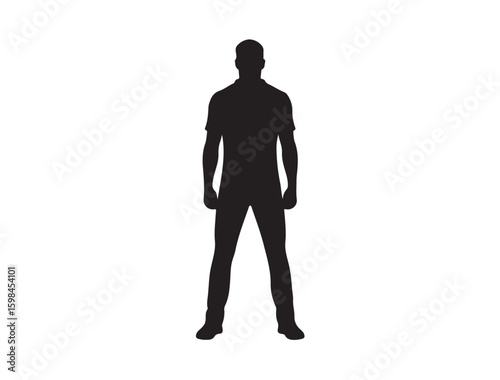  Silhouette of an alert man standing with tense posture, black vector on white background