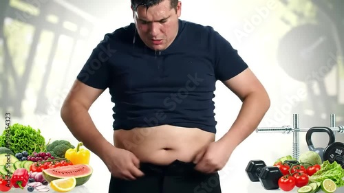 Sweaty man checks belly fat near gym; fruits, vegetables, weights