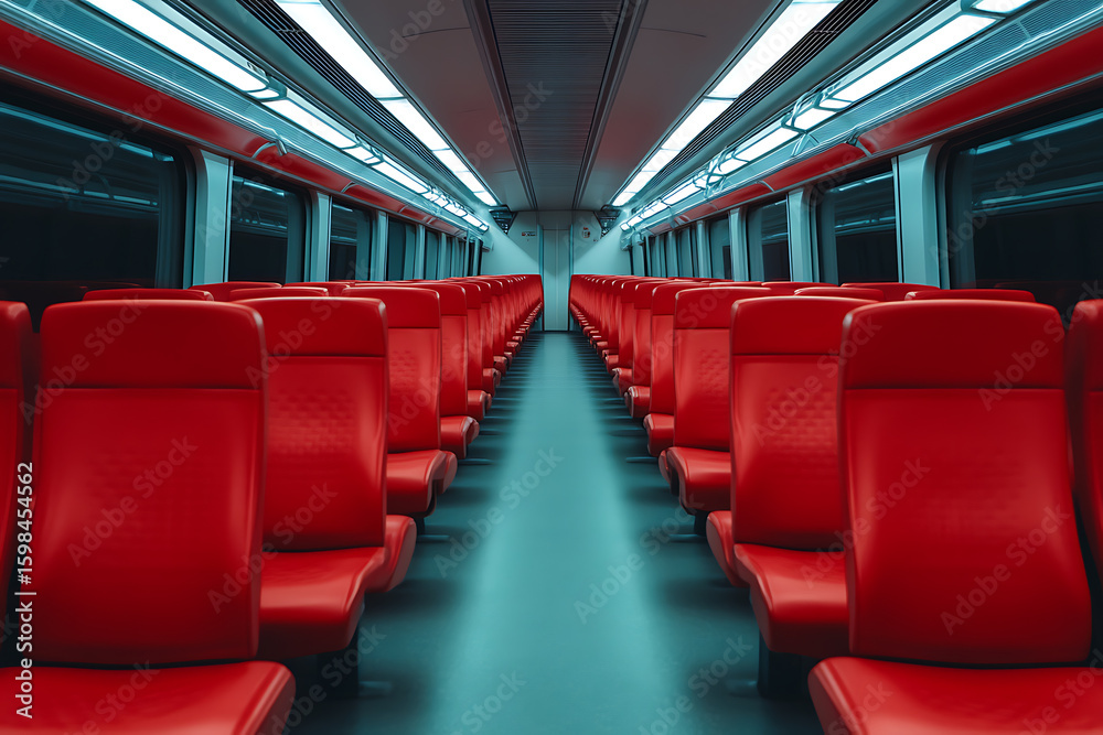 Fototapeta premium Empty Train Car: Rows of red seats line the aisle of a modern train car bathed in bright, uniform light. A minimalist design emphasizes clean lines.