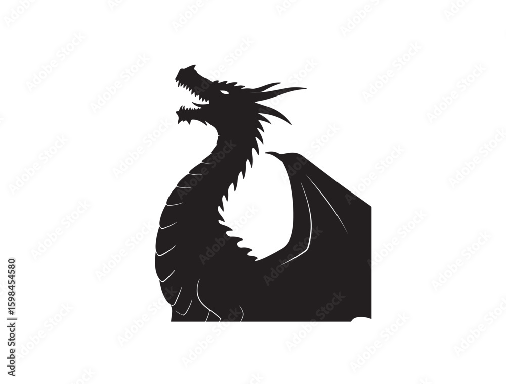 Fototapeta premium Dragon raising head on white background in silhouette