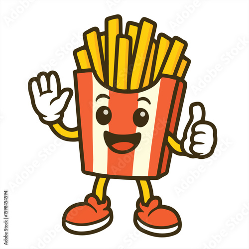 Happy French Fries Cartoon Character, Fast Food Mascot Illustration For Menu Designs, Posters, Stickers, Kids Food Education Materials