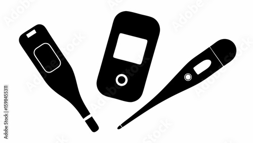 Three black and white medical devices including two thermometers and a glucometer on white background