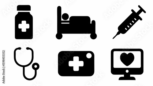Illustration showing medical icons including medicine bottle, bed, syringe, stethoscope, first aid kit and monitor
