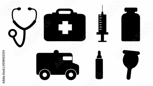 Black and white medical icons including stethoscope first aid kit syringe and ambulance illustration
