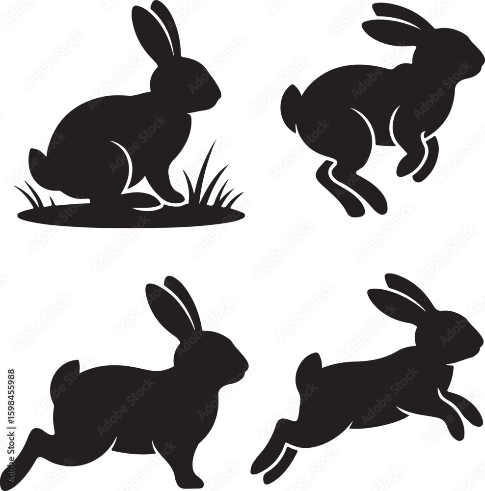 Fototapeta premium Set of Four Black Rabbit Silhouettes in Various Poses