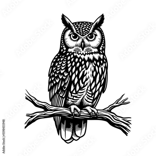 A detailed black and white illustration of an owl perched on a tree branch