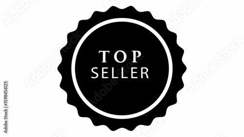 A black and white top seller badge with scalloped edges and a circular inner border displaying text label