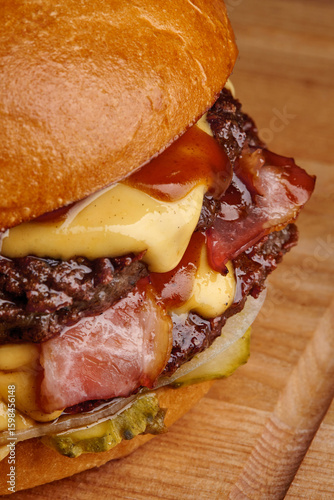 Delicious burger with melted cheese and crispy bacon on wooden board