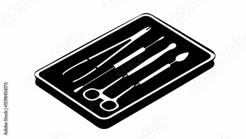 Black and white illustration of a tray containing surgical instruments including scissors and forceps tools