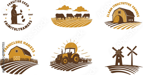 Vector art of a vintage style logo set featuring farm life, tractors, barns, and agriculture