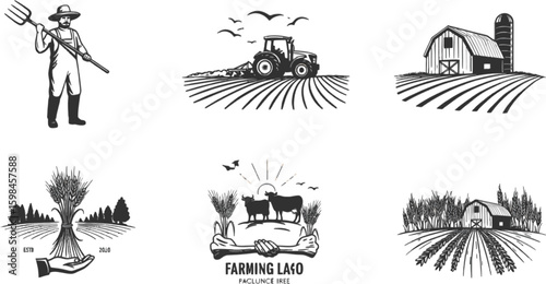 Vector art of a vintage style illustration of farm life with tractors, farmers, barns, and livestock