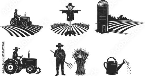 Vector art of a vintage style illustration of farm life with tractors, scarecrows, and harvesting tools