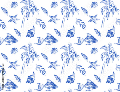 Obraz na płótnie Beach Comber Sea Shells Blue Seamless Repeat